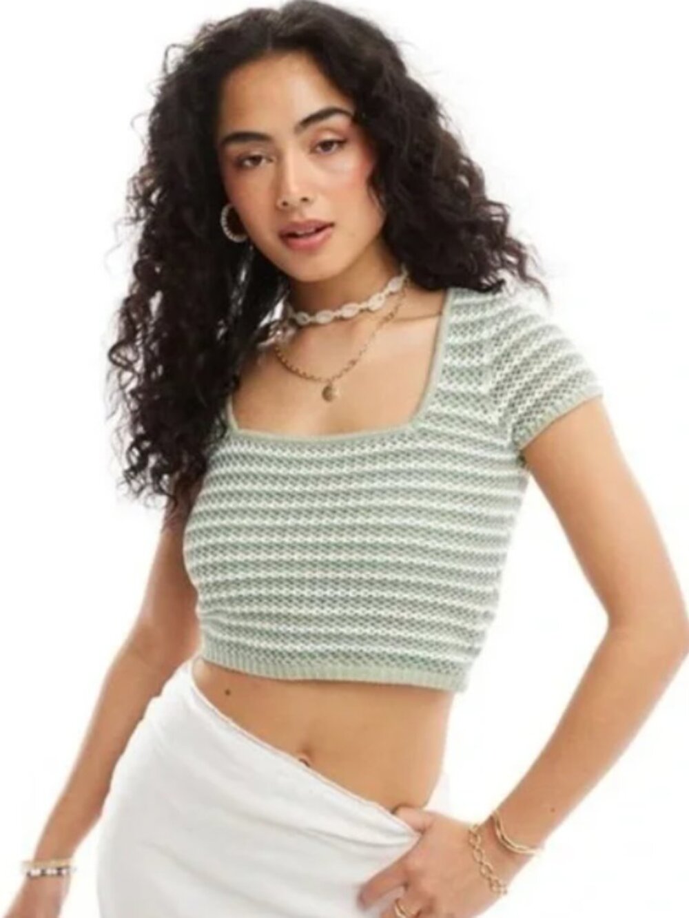 Hollister Green and White Crochet Crop  (NWOT)